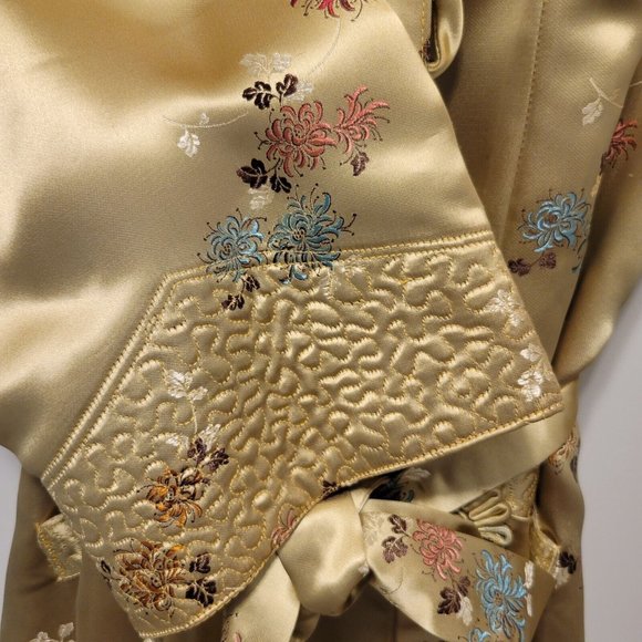Vintage Chinese Womens Gold Silk Brocade Embroidered Long Coat Jacket Robe Small - Picture 7 of 11